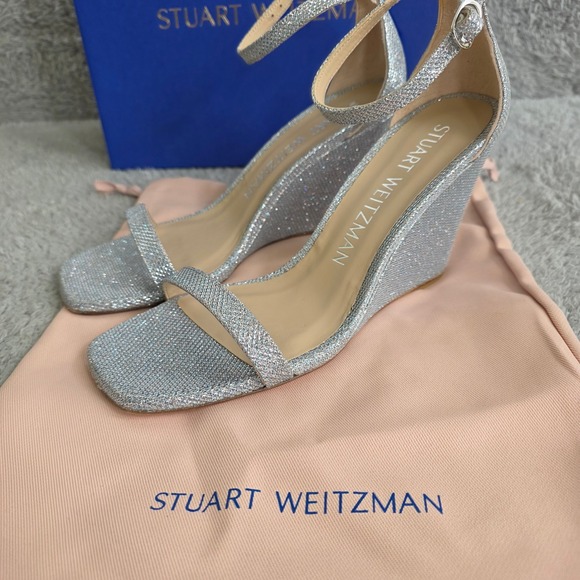 Stuart Weitzman Nudistcurve 85 Wedge Sandals Metallic Silver Heels Size 8.5B NEW - Picture 2 of 7